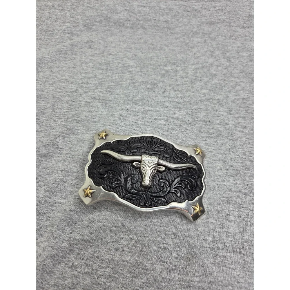 Black Tooled Leather Longhorn Steer Western Belt Buckle